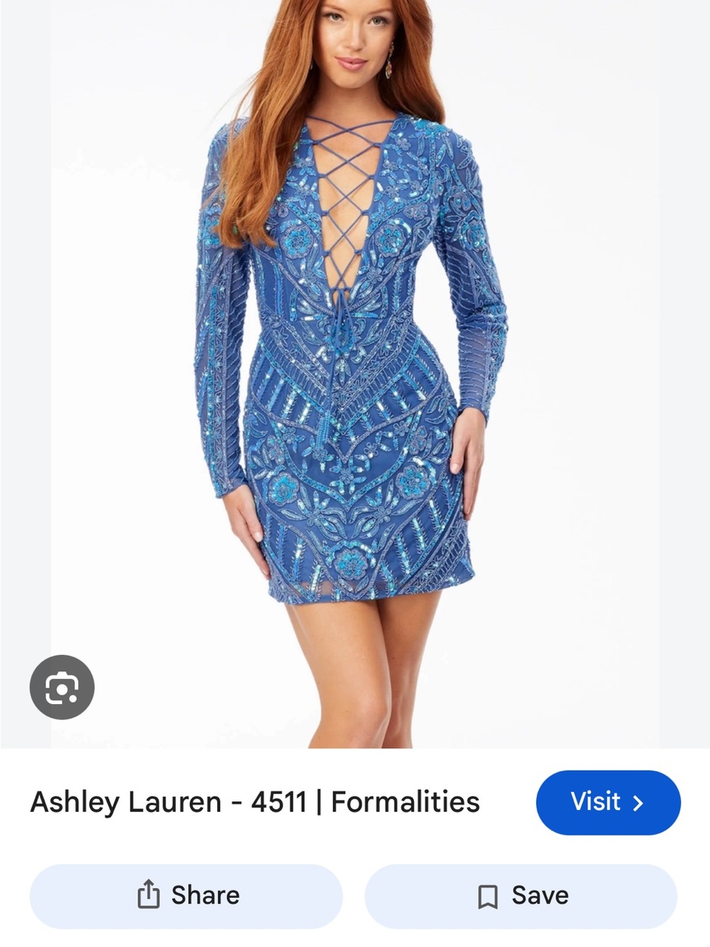 645. Ashley long-sleeve navy dress with teal beaded embellishment